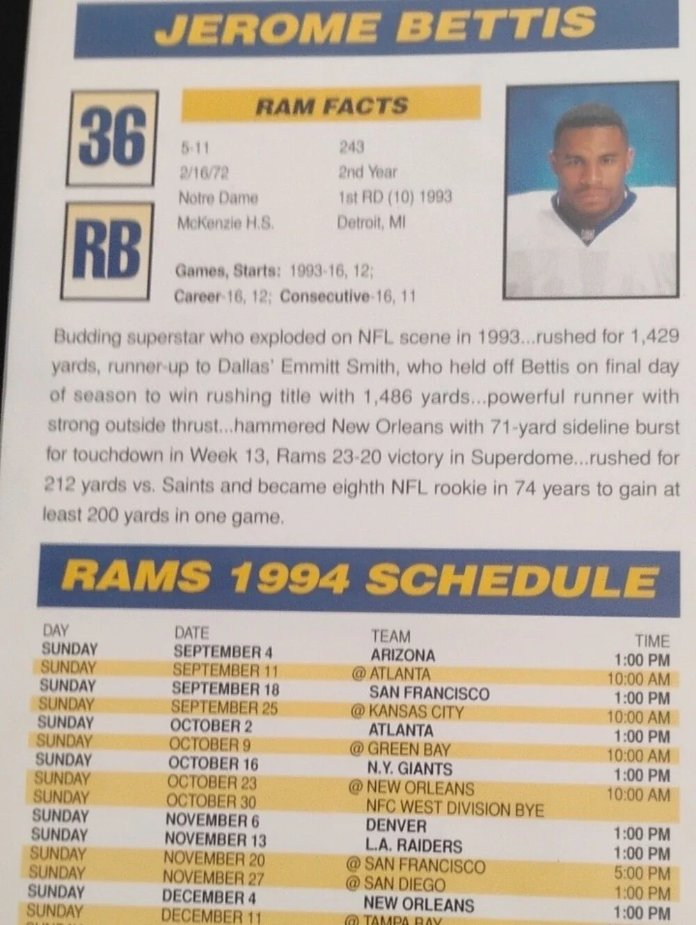 1994 Jerome Bettis Oversized Trading Card